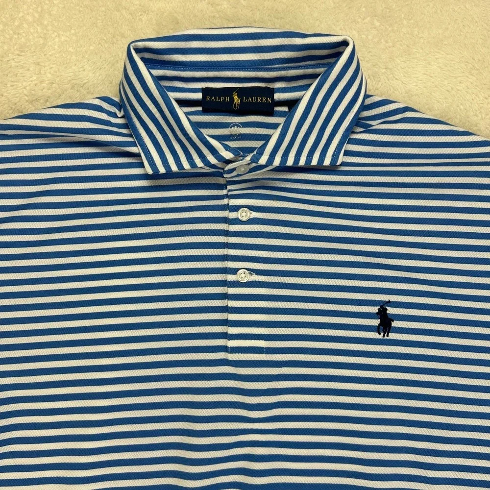 Ralph Lauren Polo Shirt Mens L Blue White Classic Fit Striped Soft Touch Logo